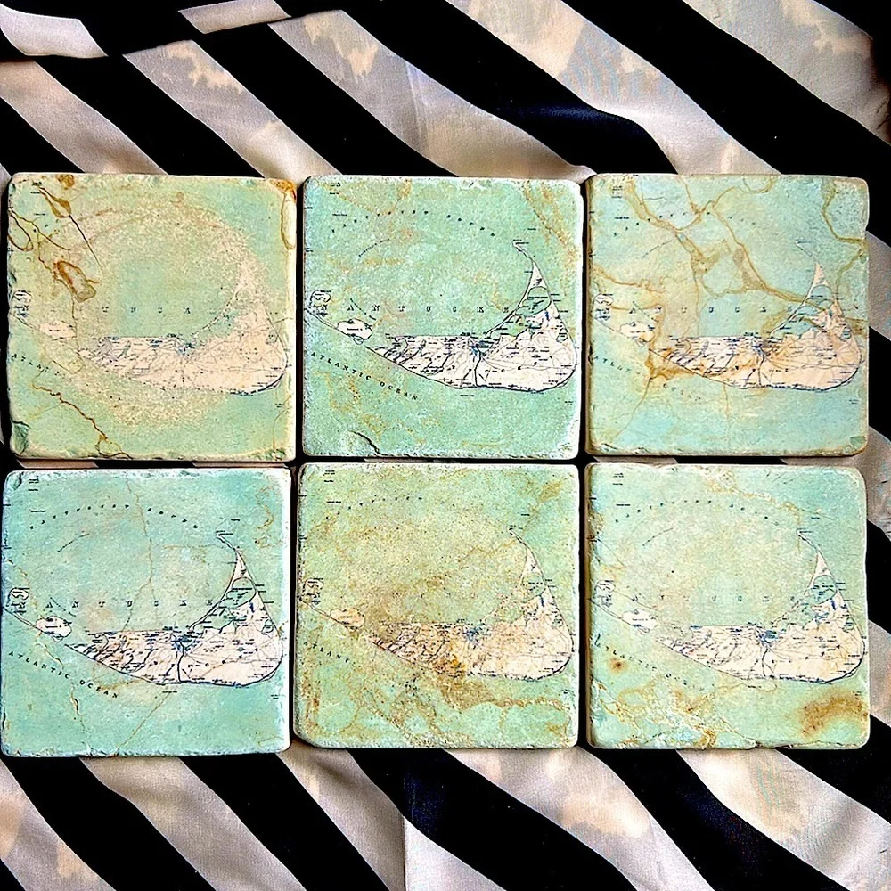 Vintage Nantucket Map Marble Coasters – Set of 6 | Aqua‎ Coastal Chic